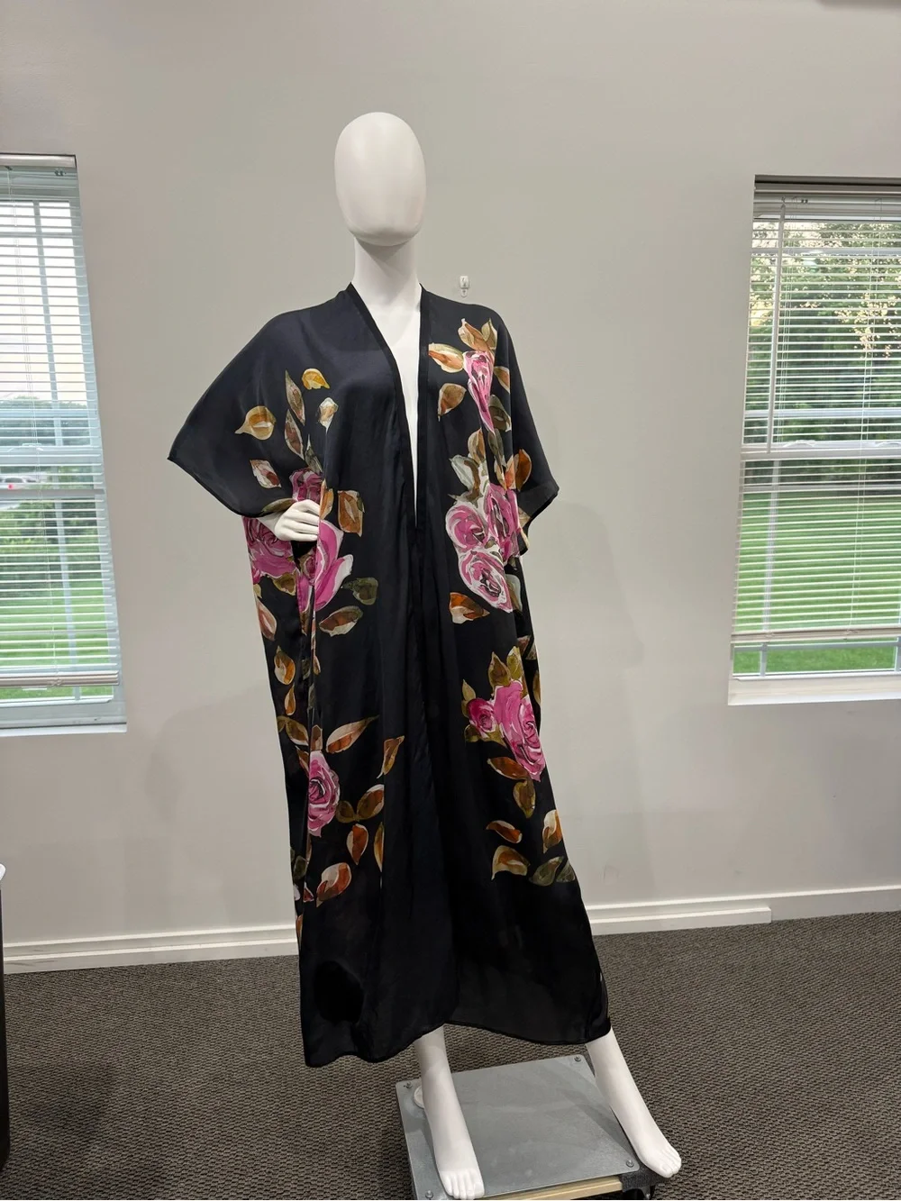 Black Floral Kimono Robe with Pink Rose Print